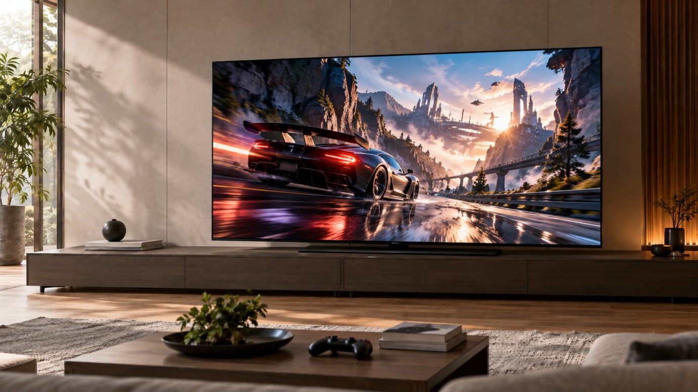 4Kゲーム映像を大画面テレビで楽しむリビングのイメージ