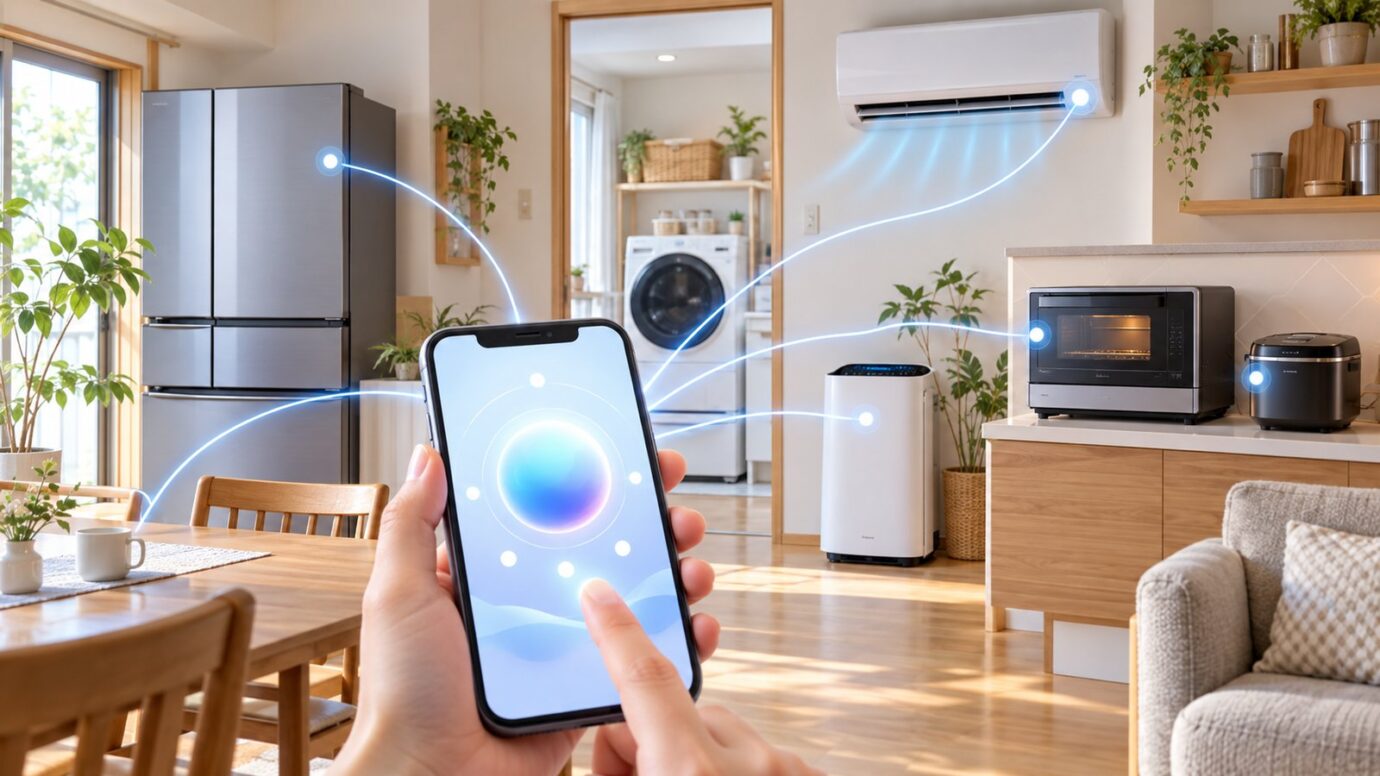 スマートフォンから冷蔵庫や洗濯機、エアコンなどの家電をAIでつなぐNIAHの利用イメージ